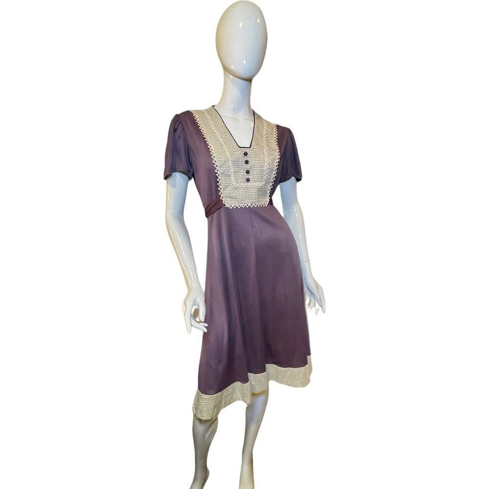 Vintage 1970s Crochet Plaid Short Sleeve Purple Dress